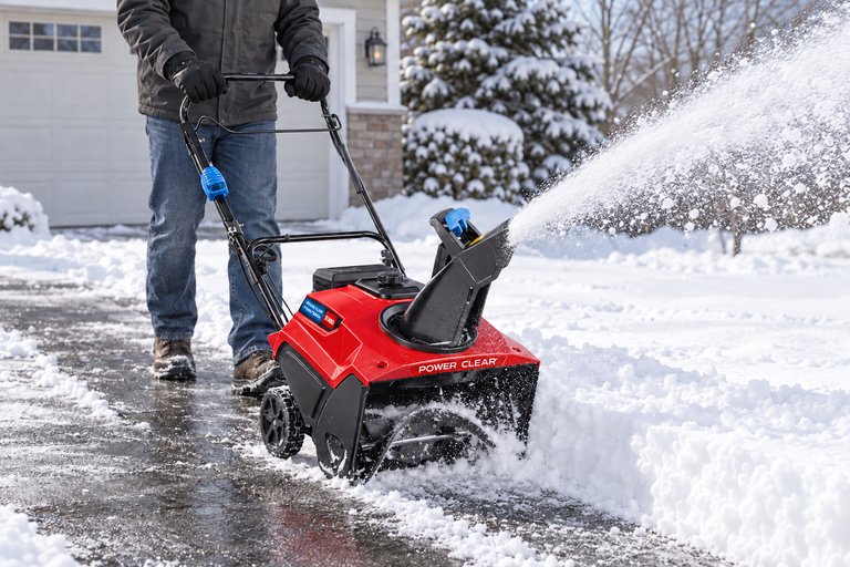 Red and black Toro Power Clear single-stage snow blower clearing a snowy home driveway down to the pavement