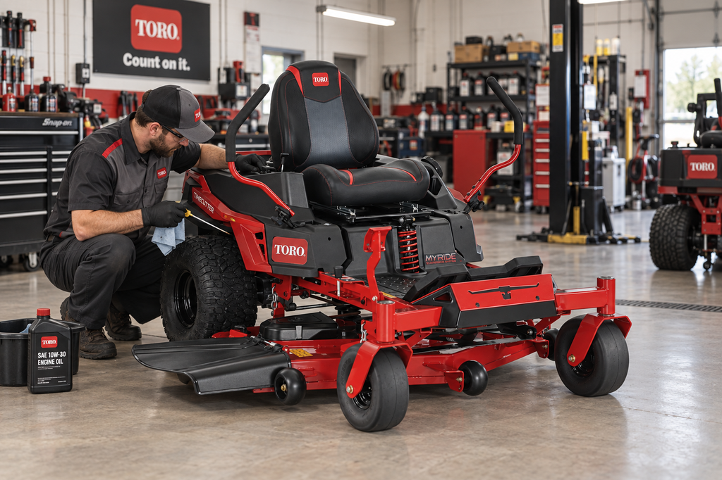 Technician checking the oil on a new Toro TimeCutter MyRide zero-turn mower during setup in the shop