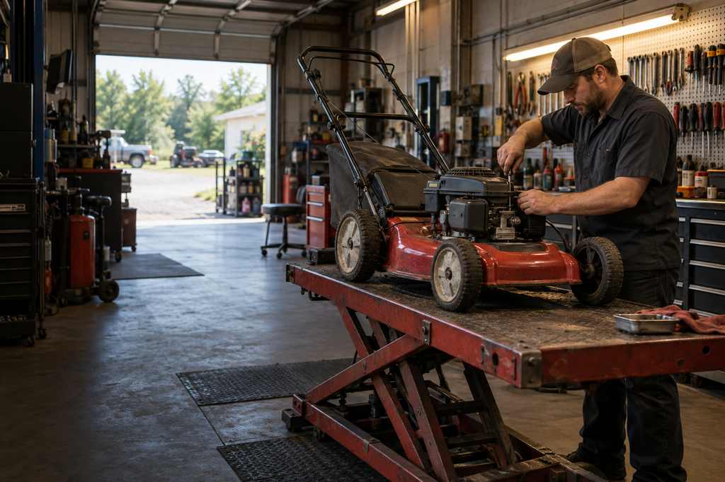 Technician servicing a red walk-behind mower on a shop lift