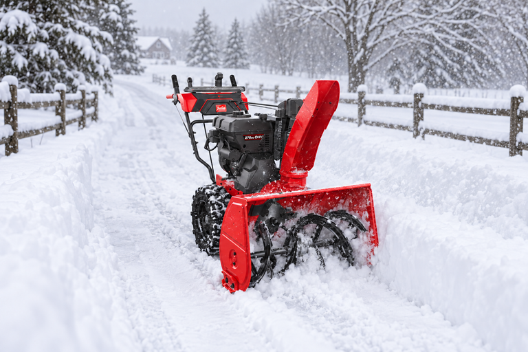 Red and black Toro two-stage snow blower cutting through deep snow on a fenced rural driveway