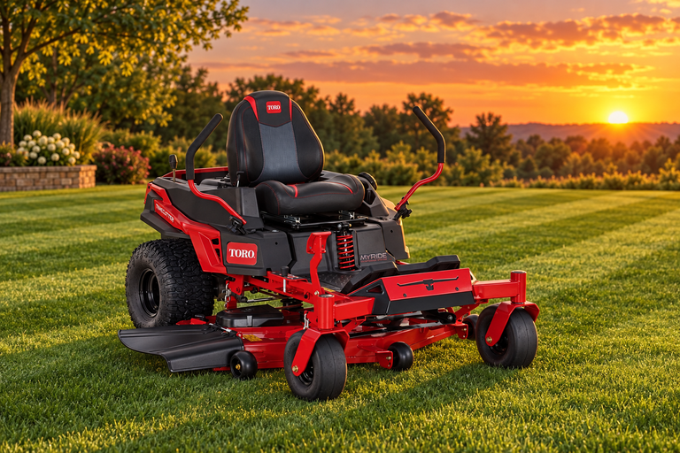 Red and black Toro TimeCutter zero-turn mower with MyRide suspension on a striped lawn at sunset