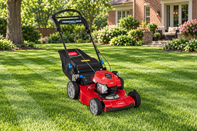 Red Toro Recycler Personal Pace self-propelled mower with a rear bag on a freshly striped backyard lawn
