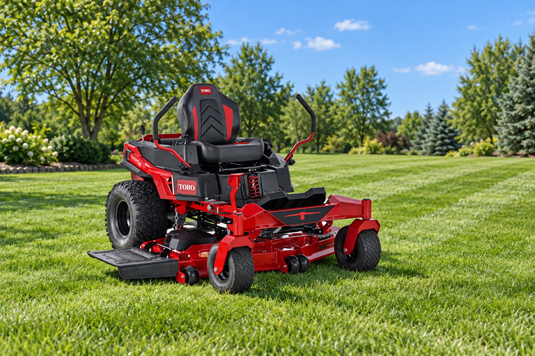 Red and black Toro Titan zero-turn mower on a freshly striped lawn with trees and blue sky behind it